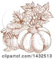 Clipart Of A Sketched Brown Pumpkin Grapes And Honey Royalty Free Vector Illustration