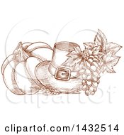 Clipart Of A Sketched Brown Pilgrim Hat Pumpkin And Grapes Royalty Free Vector Illustration
