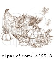 Clipart Of A Sketched Brown Cornucopia Pumpkins And Pie Royalty Free Vector Illustration