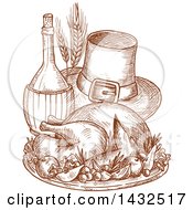 Poster, Art Print Of Sketched Roasted Thanksgiving Turkey And Pilgrim Hat