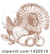 Clipart Of A Sketched Brown Turkey Bird With Produce Royalty Free Vector Illustration