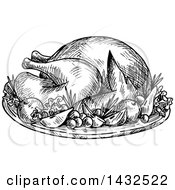 Clipart Of A Sketched Black And White Roasted Thanksgiving Turkey And Pilgrim Hat Royalty Free Vector Illustration by Vector Tradition SM