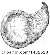 Clipart Of A Sketched Black And White Cornucopia Royalty Free Vector Illustration