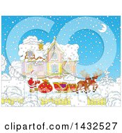 Clipart Of A Scene Of Reindeer Waiting While Santa Loads His Sleigh With Christmas Gifts In Front Of His Home In The Snow Royalty Free Vector Illustration