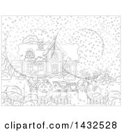 Poster, Art Print Of Black And White Lineart Scene Of Reindeer Waiting While Santa Loads His Sleigh With Christmas Gifts In Front Of His Home In The Snow