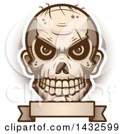 Halftone Evil Zombie Skull Over A Blank Banner