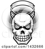 Clipart Of A Halftone Black And White Demon Skull Under A Blank Banner Royalty Free Vector Illustration by Cory Thoman