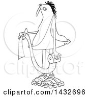 Clipart Of A Cartoon Black And White Lineart Chubby Caveman Holding A Roll Of Toilet Paper Royalty Free Vector Illustration