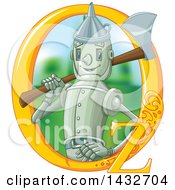 Clipart Of A Happy Tin Woodman Holding An Axe Over His Shoulder Emerging From An Oz Frame Royalty Free Vector Illustration