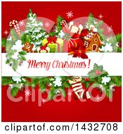 Poster, Art Print Of Merry Christmas Greeting With Branches And Xmas Items