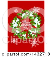 Clipart Of A Merry Christmas 2017 Greeting With A Wreath And Snowflakes Royalty Free Vector Illustration