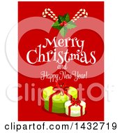 Clipart Of A Merry Christmas And Happy New Year Greeting With Gifts And Candy Canes Royalty Free Vector Illustration