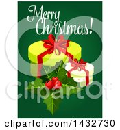 Clipart Of A Merry Christmas Greeting With Gifts And Holly Royalty Free Vector Illustration