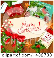 Merry Christmas Greeting On Wood With A Card Calendar Wreath Mittens And Candy Canes