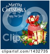 Clipart Of A Merry Christmas And Happy New Year Greeting With A Sack And Gifts Royalty Free Vector Illustration
