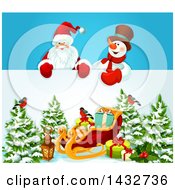 Clipart Of Santa Claus And A Snowman Over A Sign Christmas Sleigh Tree And Gifts Royalty Free Vector Illustration