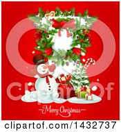 Clipart Of A Merry Christmas Greeting With A Snowman Tree And Gifts Royalty Free Vector Illustration