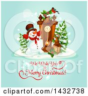 Clipart Of A We Wish You A Merry Christmas Greeting With A Snowman And Clock Royalty Free Vector Illustration