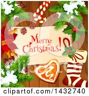 Clipart Of A Merry Christmas Greeting Over Wood With Xmas Items Royalty Free Vector Illustration