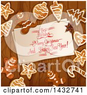 Poster, Art Print Of Merry Christmas And Happy New Year Greeting With Gingerbread Cookies On Wood
