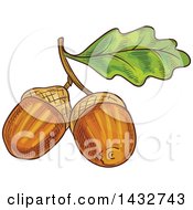 Clipart Of A Sketched Oak Leaf And Acorns Royalty Free Vector Illustration