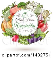Clipart Of A Text Circle Frame Over Sketched Vegetables Royalty Free Vector Illustration