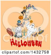 Clipart Of A Sketched Witch Hat Formed Of Halloween Items Over Text On Pastel Orange Royalty Free Vector Illustration by Vector Tradition SM