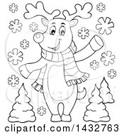 Poster, Art Print Of Black And White Lineart Christmas Reindeer Wearing A Scarf And Waving Or Presenting