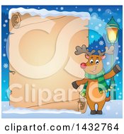 Poster, Art Print Of Happy Christmas Reindeer Wearing A Scarf And Waving By A Blank Scroll Sign