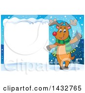 Poster, Art Print Of Happy Christmas Reindeer Wearing A Scarf And Waving By A Blank Sign