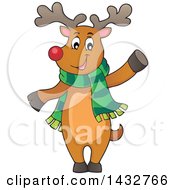 Poster, Art Print Of Happy Christmas Reindeer Wearing A Scarf And Waving Or Presenting