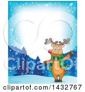 Poster, Art Print Of Border Of A Christmas Reindeer Wearing A Scarf And Waving Or Presenting