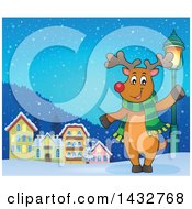 Poster, Art Print Of Happy Christmas Reindeer Wearing A Scarf And Waving Or Presenting By A Village