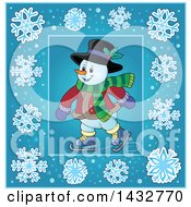 Poster, Art Print Of Snowman Ice Skating Inside A Blue Snowflake Frame