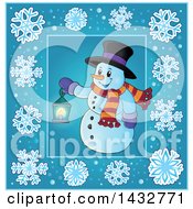 Clipart Of A Snowman Holding A Lantern Inside A Blue Snowflake Frame Royalty Free Vector Illustration