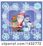 Poster, Art Print Of Christmas Reindeer And Snowman With Santa Inside A Purple Snowflake Frame