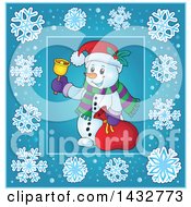Clipart Of A Snowman Ringing A Bell Inside A Blue Snowflake Frame Royalty Free Vector Illustration