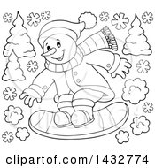 Poster, Art Print Of Black And White Lineart Snowman Snow Boarding