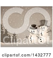 Clipart Of Sepia Toned Snowmen In The Snow Royalty Free Vector Illustration