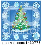 Clipart Of A Christmas Tree Inside A Blue Snowflake Frame Royalty Free Vector Illustration