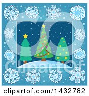 Clipart Of Christmas Trees Inside A Blue Snowflake Frame Royalty Free Vector Illustration