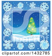 Clipart Of A Christmas Tree Inside A Blue Snowflake Frame Royalty Free Vector Illustration