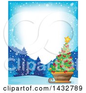 Clipart Of A Border Of A Christmas Tree In A Sleigh Over A Parchment Scroll Royalty Free Vector Illustration