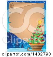 Clipart Of A Parchment Scroll With A Christmas Tree In A Sleigh Royalty Free Vector Illustration