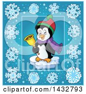 Clipart Of A Christmas Penguin Ringing A Bell Inside A Blue Snowflake Frame Royalty Free Vector Illustration