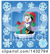 Poster, Art Print Of Christmas Penguin Holding A Gift Inside A Blue Snowflake Frame
