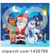 Poster, Art Print Of Christmas Rudolph Reindeer Snowman And Santa Posing In A Village