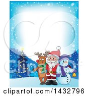 Clipart Of A Border Of A Christmas Rudolph Reindeer Snowman And Santa Posing In The Snow Royalty Free Vector Illustration