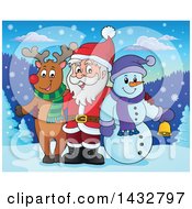 Clipart Of A Christmas Rudolph Reindeer Snowman And Santa Posing In The Snow Royalty Free Vector Illustration