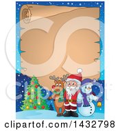 Clipart Of A Parchment Scroll Border Of A Christmas Rudolph Reindeer Snowman And Santa Posing In The Snow Royalty Free Vector Illustration